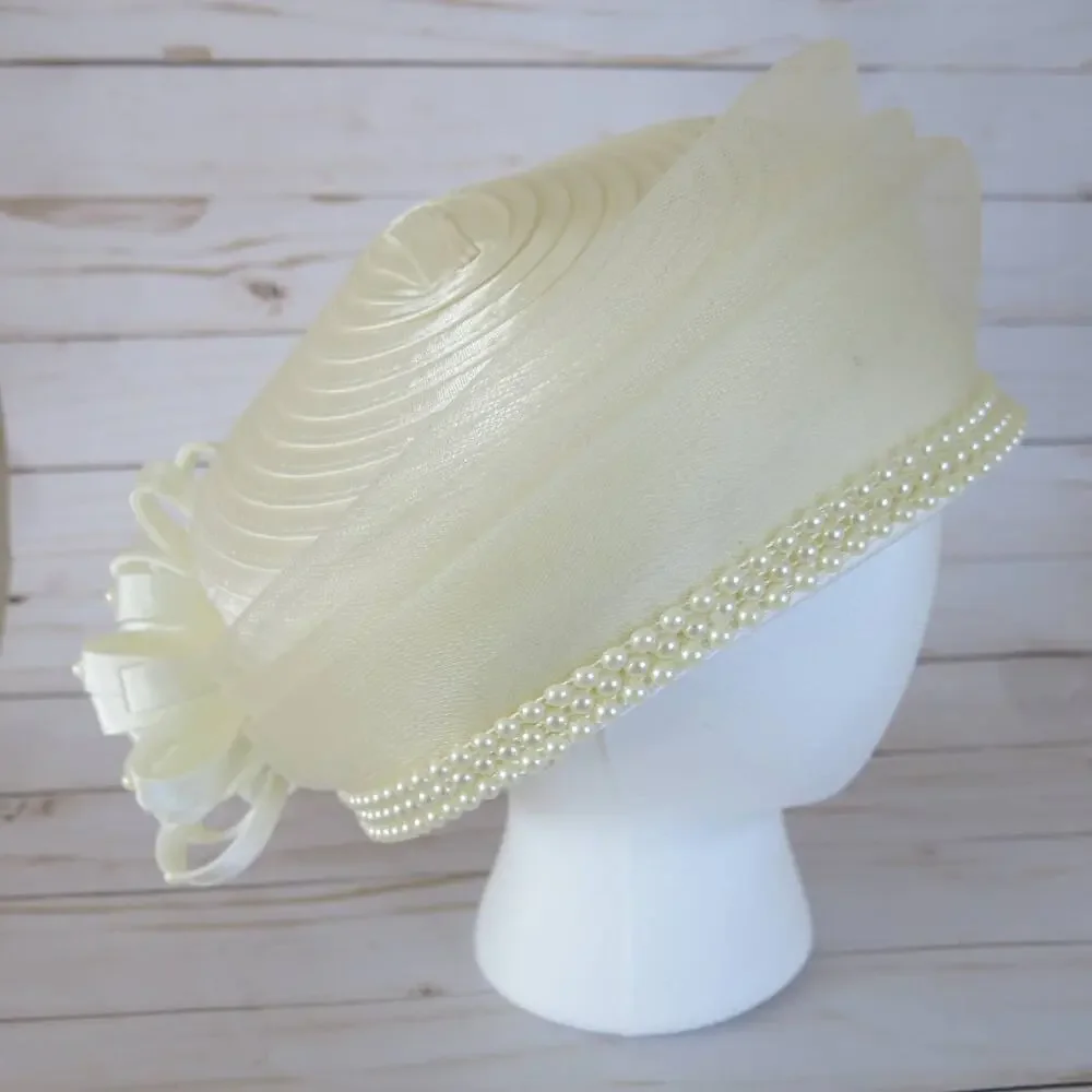 CHARM'S *NWT* Hat CHURCH/KENTUCKY DERBY/WEDDING Beaded Bow Ivory/Off White